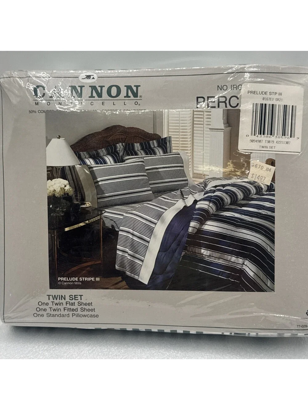 Vintage Cannon Monticello Green White Stripes No Iron Percale 3pc TWIN Sheet Set